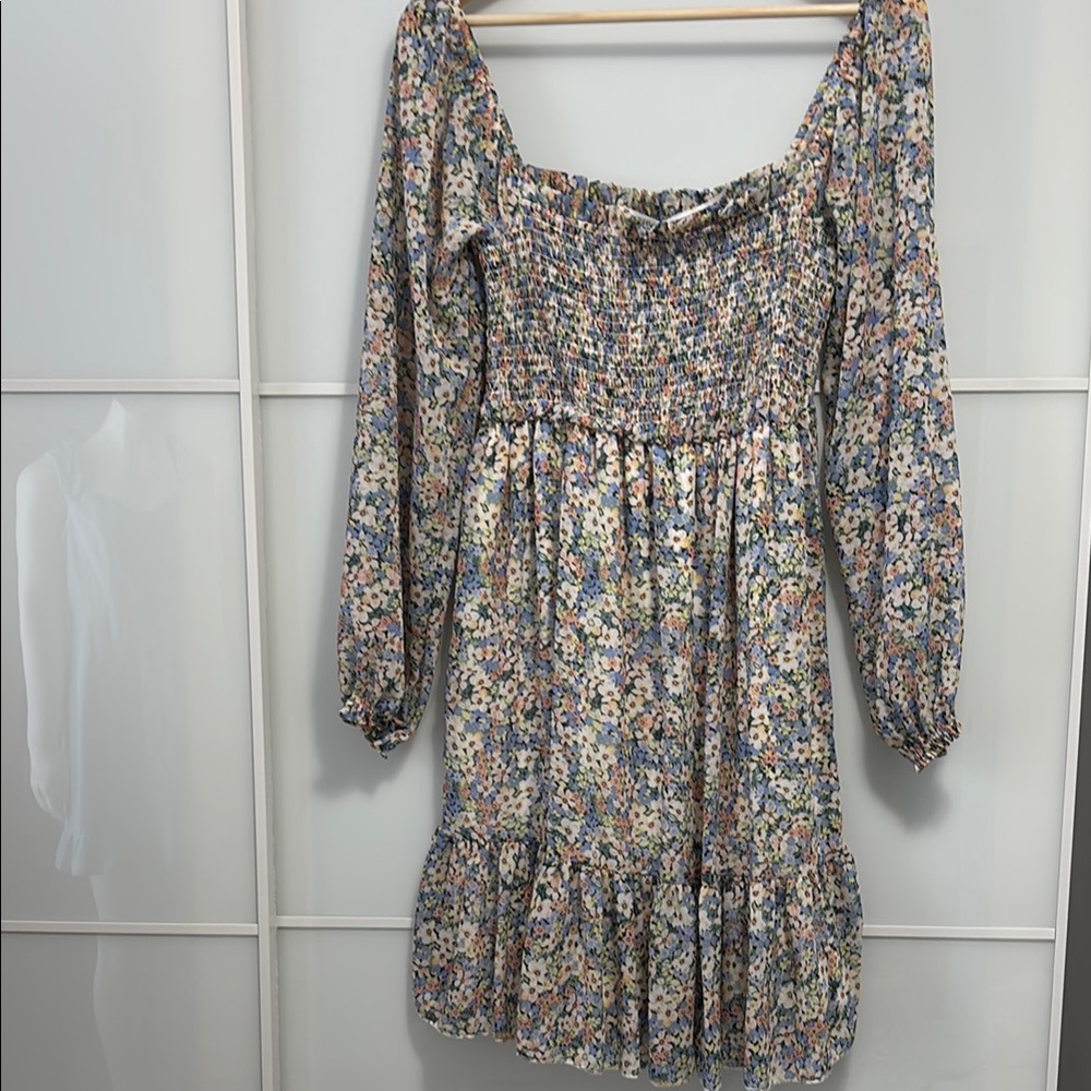 Cream Long Sleeve Sundress with Square Neck